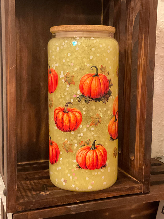 Glass snow globe tumbler- yellow with pumpkins