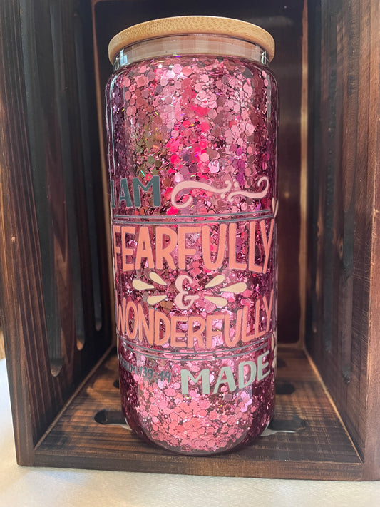 Glass snow globe tumbler--pink glitter